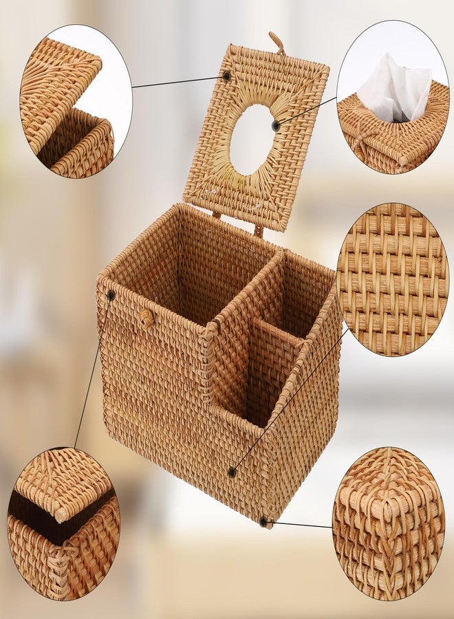 Sumnacon Tissue Box Square Tissue Box Cover with Storage Rattan Tissue Box Holder with 2 Side Organizer,Wicker Tissue Cover Cube Tissue Holder for Bathroom Living Room Table Desk Office - Image 5